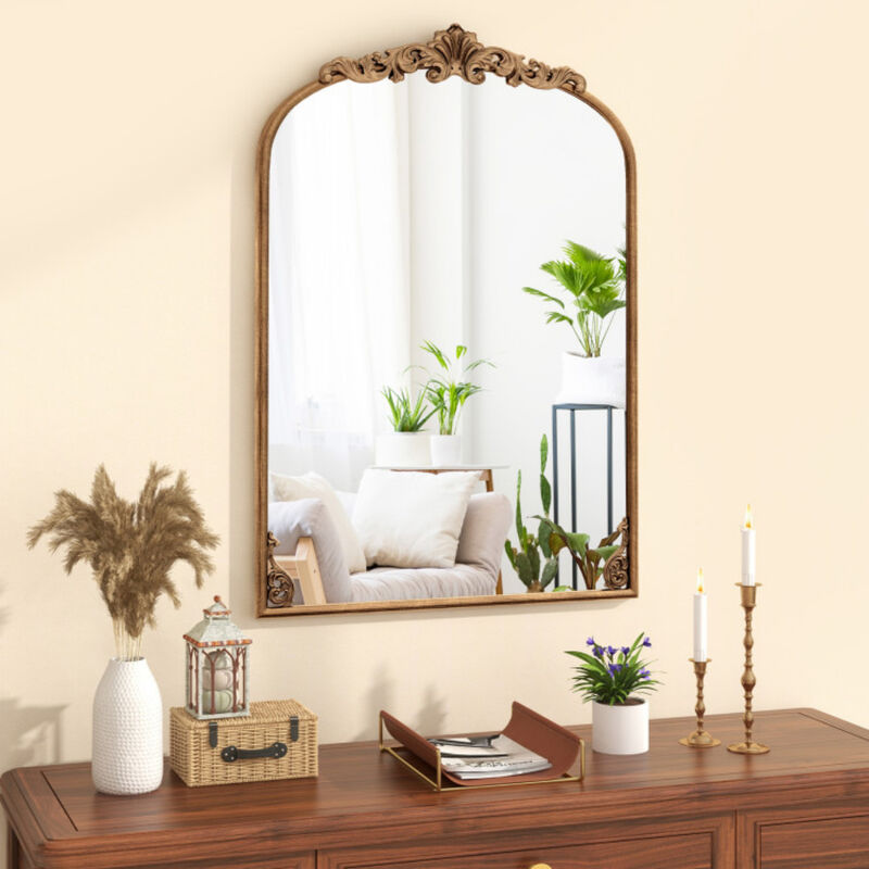 Traditional Arched Mirror with Gold Metal Frame and Baroque Design