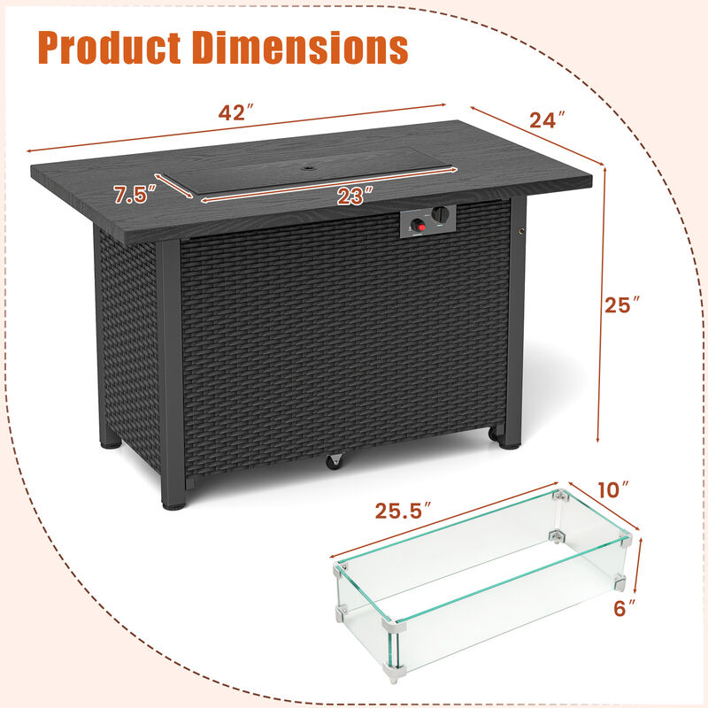 50000 BTU ropane Gas Fire Pit Table with Wind Guard and Glass Rocks