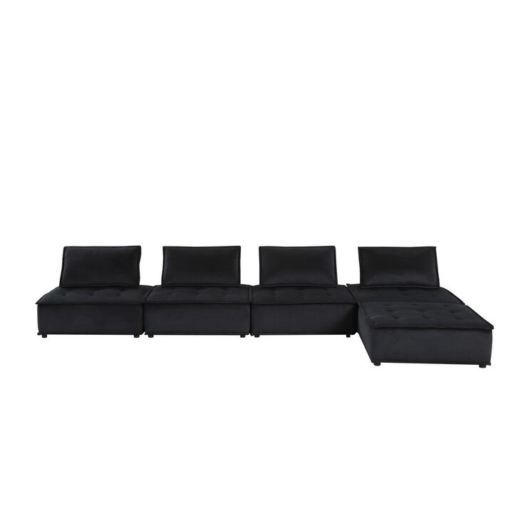 Alaya 120 Inch Tufted 5 Piece Sectional Sofa, Back Cushions, Black Velvet - Benzara