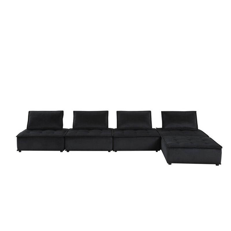 Alaya 120 Inch Tufted 5 Piece Sectional Sofa, Back Cushions, Black Velvet - Benzara