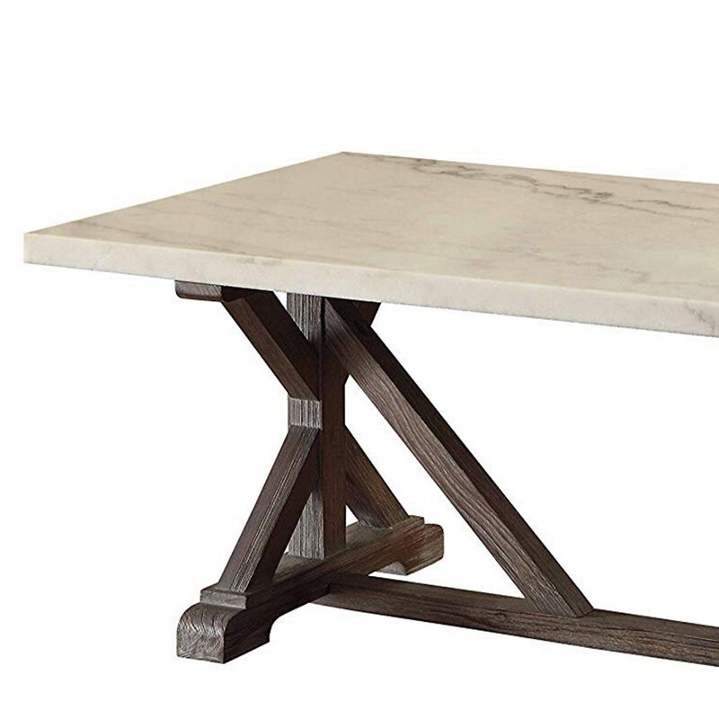 Marble Rectangle Shaped Coffee Table with Wooden Trestle Base, White and Espresso Brown-Benzara