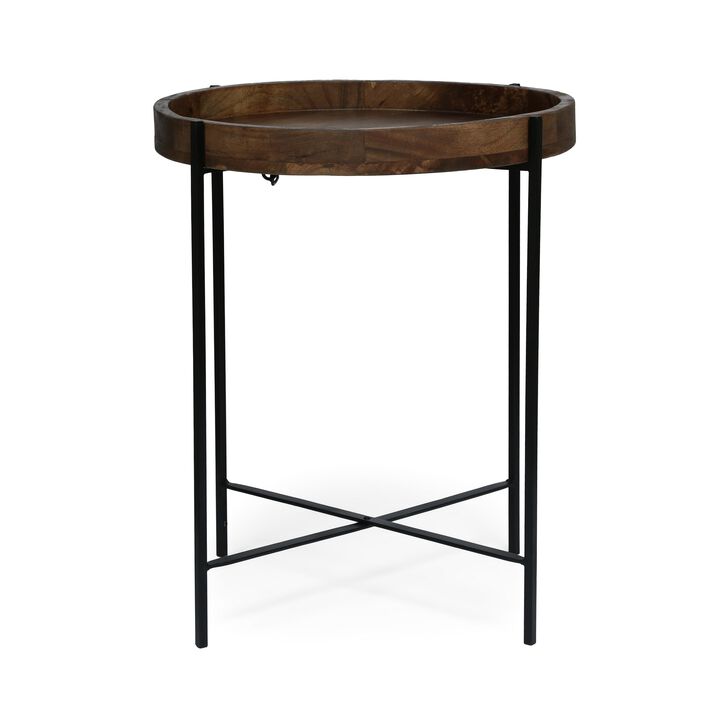 Peo Modern Side End Table, 22 Inch Round Wood Tray, Black Metal Base - Benzara