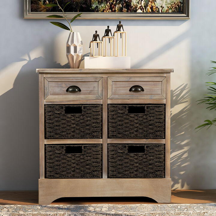 Rustic Storage Cabinet With Two Drawers And Four Classic Rattan Basket