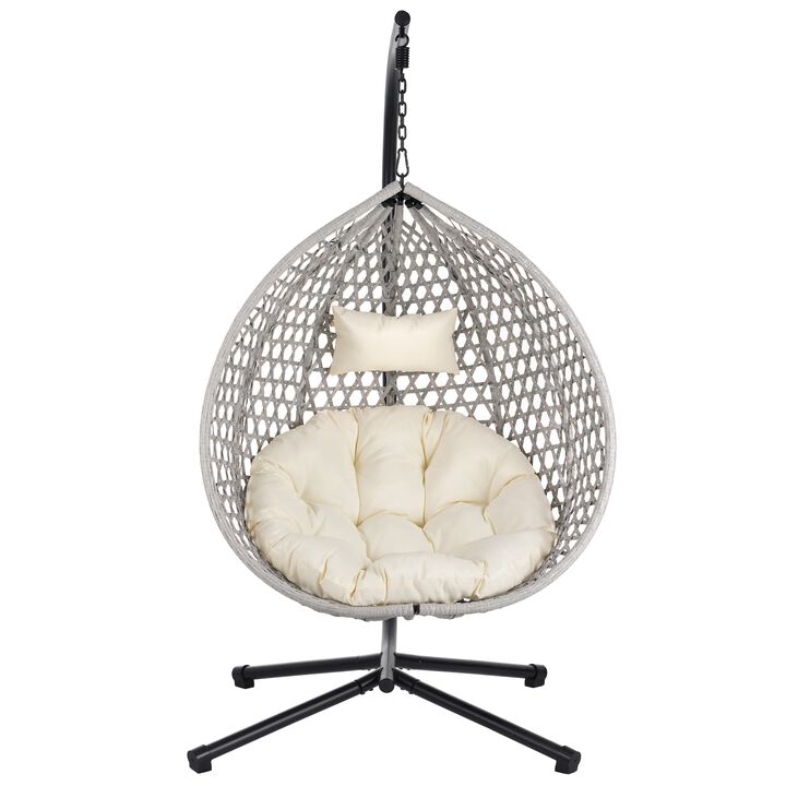Mondawe Outdoor Rattan Egg Chair W/ Adjustable Headrest & Iron Base,Hollow-Out Design Hanging Chair