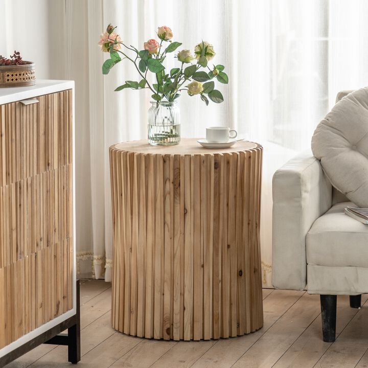 Retro Fashion Style Cylindrical Coffee Table With Vertical Texture Relief Design, Suitable