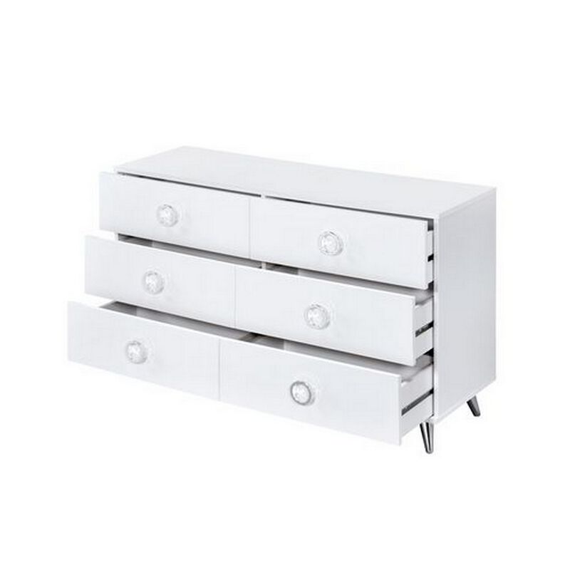 Dresser with 6 Drawers and Angled Metal Feet, White-Benzara