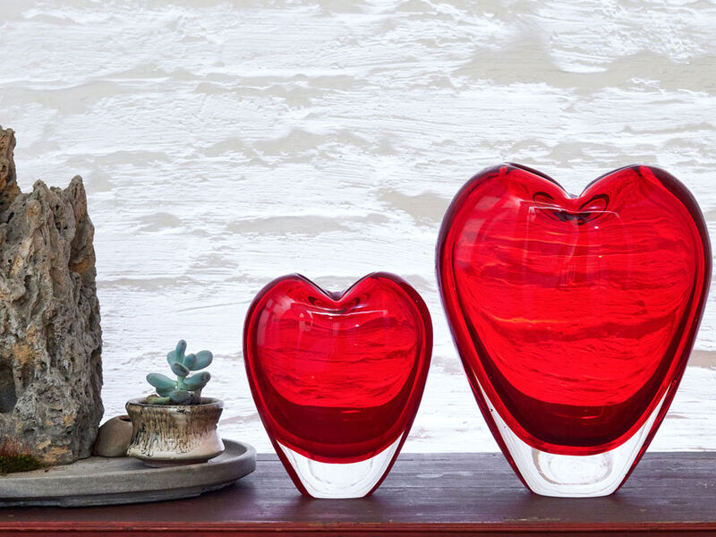 Hand Blown Red Love Heart Shaped Sommerso Art Glass Vase