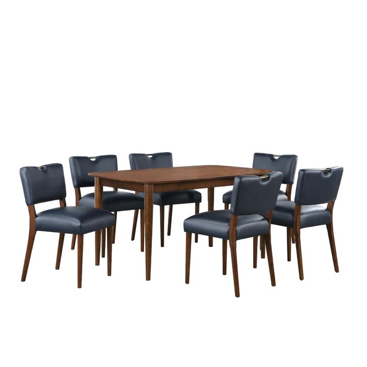 Comfort Pointe Bonito Midnight Blue Faux Leather 7PC Dining Set in Walnut Finish