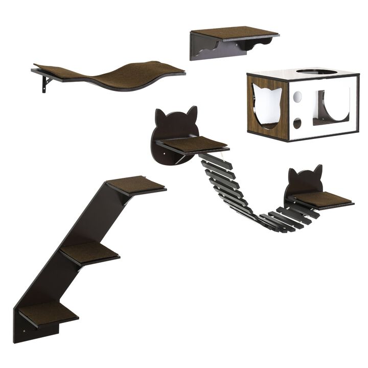 Brown Cat Wall Set: 5-Piece Shelves with Condo & Jumping Platform