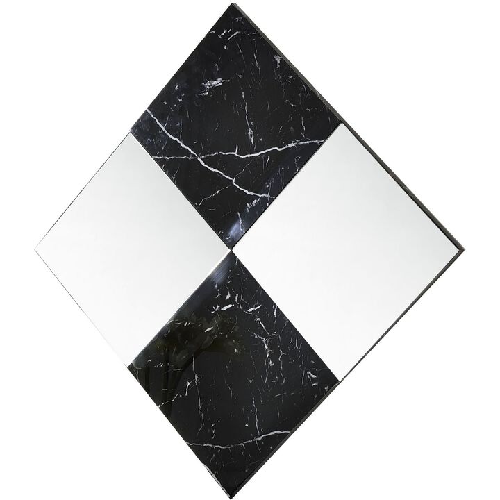 Contemporary Square Accent Wall Mirror with Faux Marble, Silver and Black-Benzara