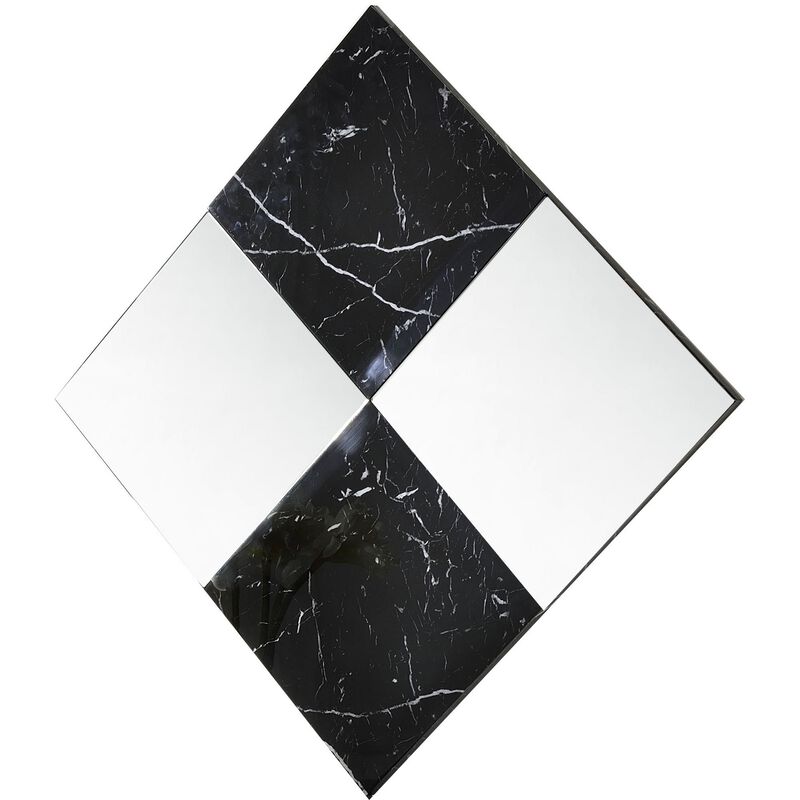 Contemporary Square Accent Wall Mirror with Faux Marble, Silver and Black-Benzara
