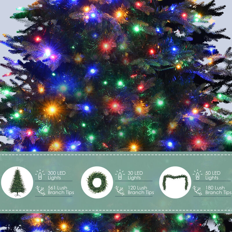 Artificial Christmas Tree with Wreath & Garland Grass Green Xmas Tree with 380 Multi-Color LED Lights