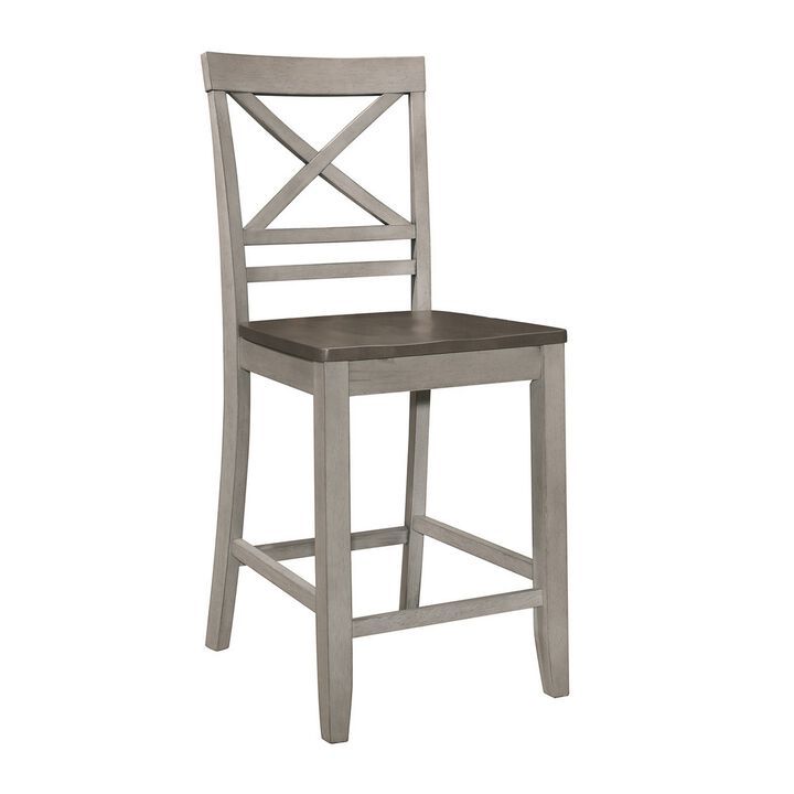 Brian 23 Inch Counter Chair, Crossbuck Backrest, Rustic Gray Wood, Brown-Benzara