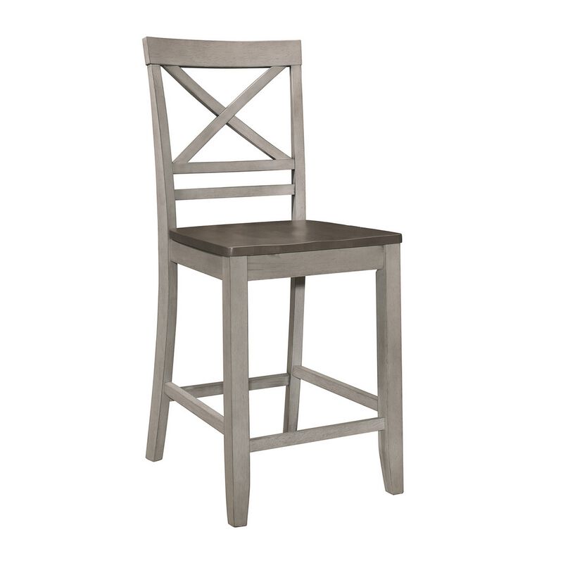 Brian 23 Inch Counter Chair, Crossbuck Backrest, Rustic Gray Wood, Brown-Benzara