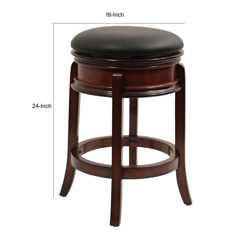 Sabi 24 inch Swivel Counter Stool, Solid Wood, Faux Leather, Brown, Black-Benzara