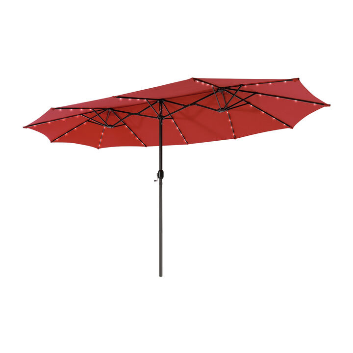 15-Foot Twin Patio Umbrella with 48 Solar LED Lights for Outdoor Lighting