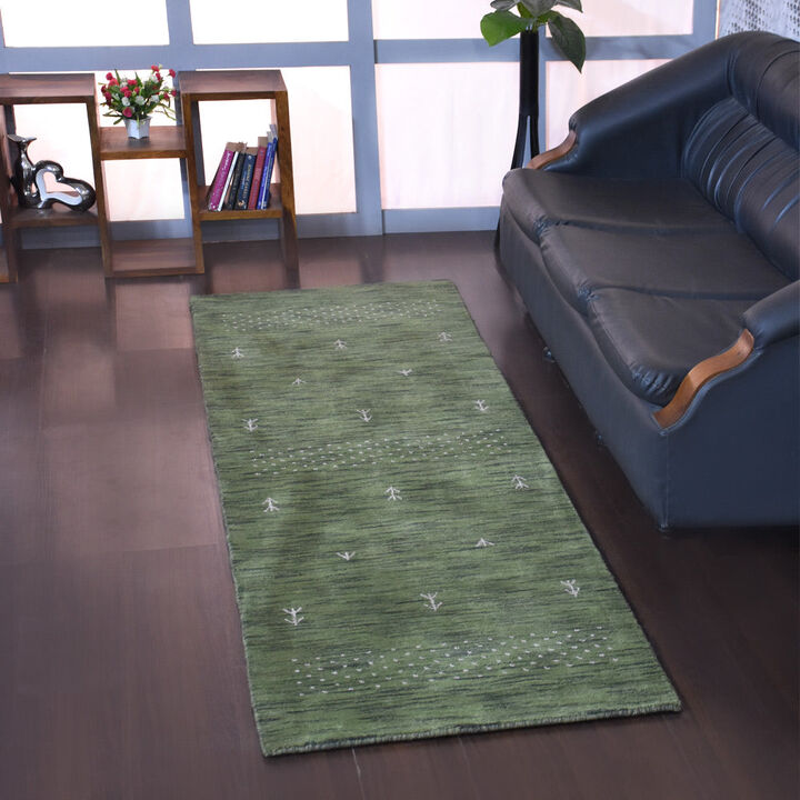 RUGSOTIC CARPETS HAND KNOTTED LOOM WOOL ECO-FRIENDLY AREA RUGS  - 2'6''x10', Runner, Green Color, Contemporary Modern Design, High Pile Thick Handmade Anti Skid Rugs for Living Room (L00515)