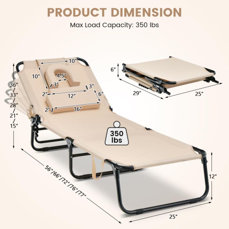 Hivvago Beach Chaise Lounge Chair with Face Hole and Removable Pillow