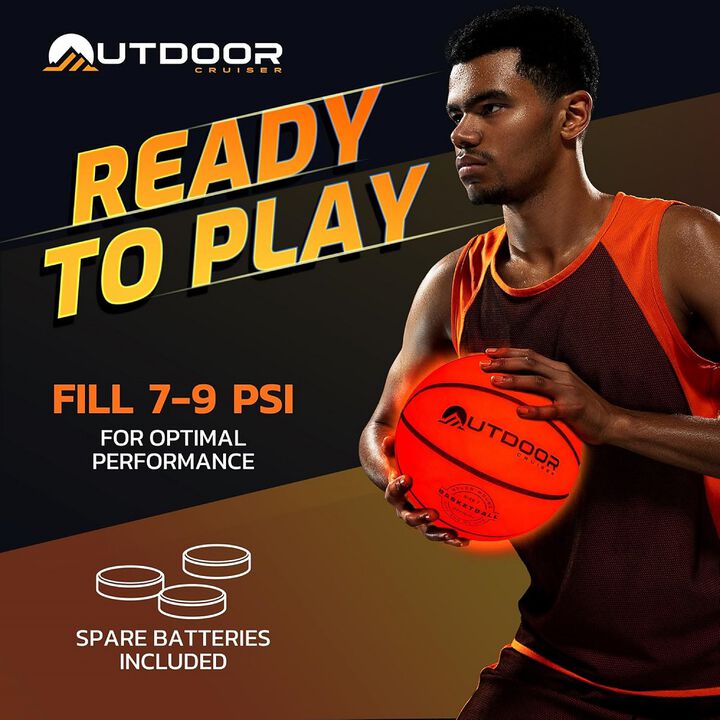 Outdoor Cruiser Light Up Basketball - Waterproof Rubber Construction, Glow in the Dark, Glows Up to 30 Hrs with Tap Activation, Complete Set with Pump & Spare Batteries, Official Size 7, For Ages 8-15