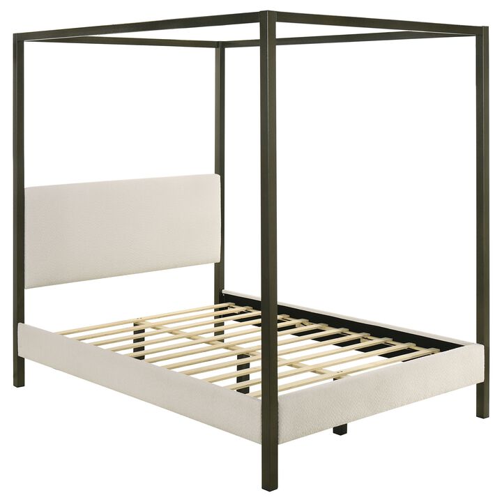 Rey King Size Canopy Bed, Padded Headboard, 4 Post Frame, Ivory Upholstery - Benzara Rey King Size Canopy Bed, Padded Headboard, 4 Post Frame, Ivory Upholstery - Benzara