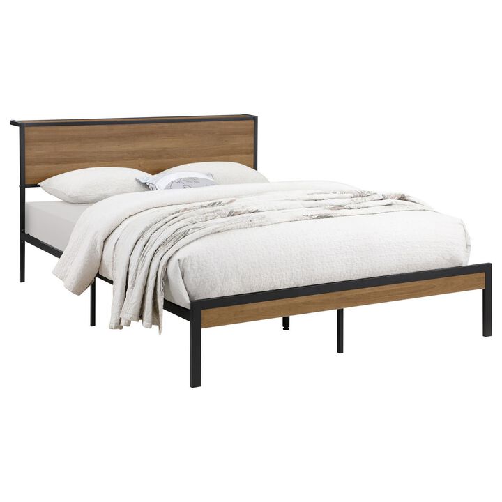 Rick Queen Size Platform Bed, MDF Panel Headboard, Brown, Black Metal - Benzara