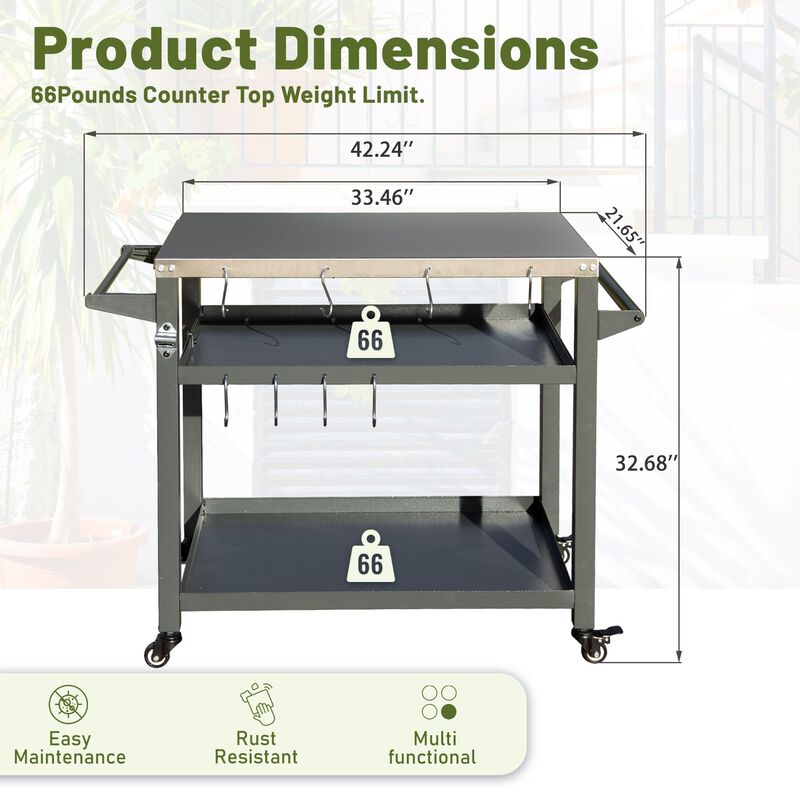 Streamdale Rust-Proof Outdoor Grill Table with Extra Tool Hooks and Wheels