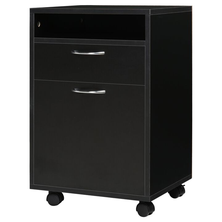 Black Mobile Organizer: Printer Stand with Drawer and Castors for Office