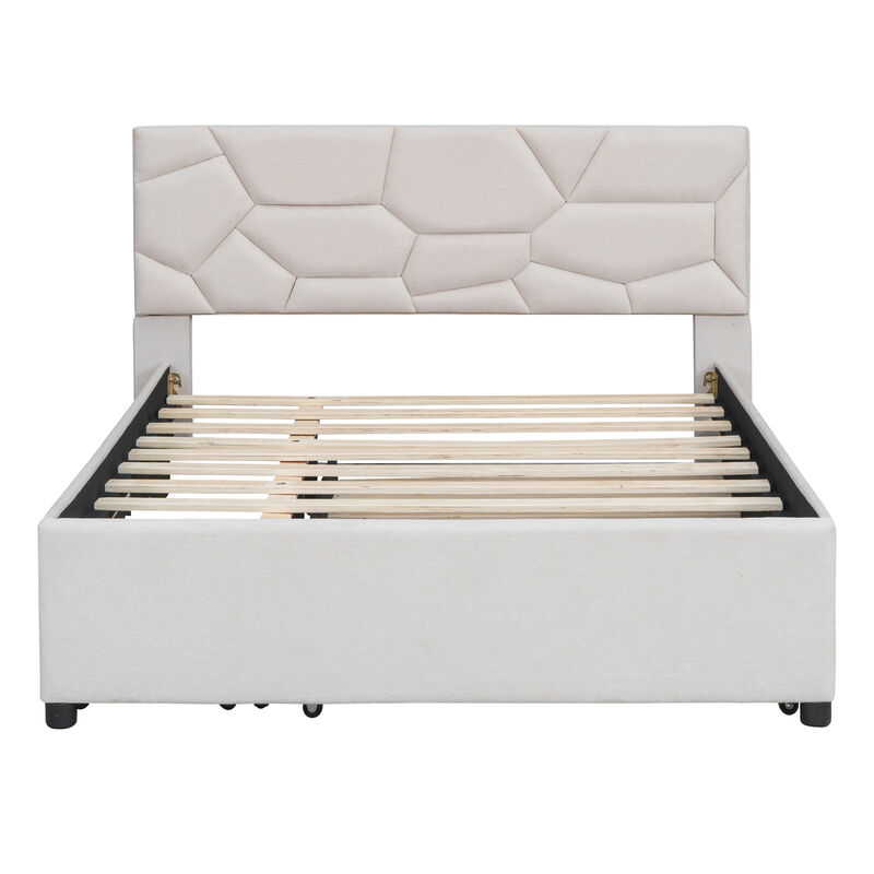 Merax Upholstered Platform Bed with Brick Pattern Headboard, with Twin XL Size Trundle and 2 drawers, Linen Fabric