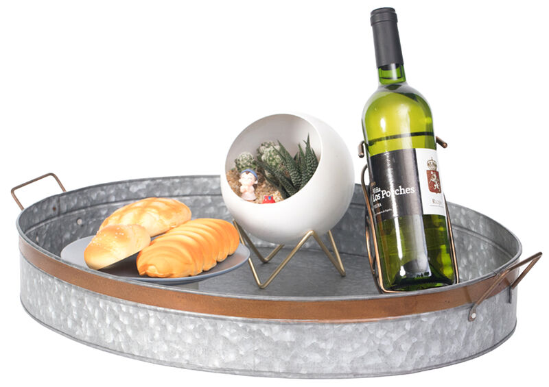 Galvanized Metal Oval Rustic Serving Tray With Handles, Large