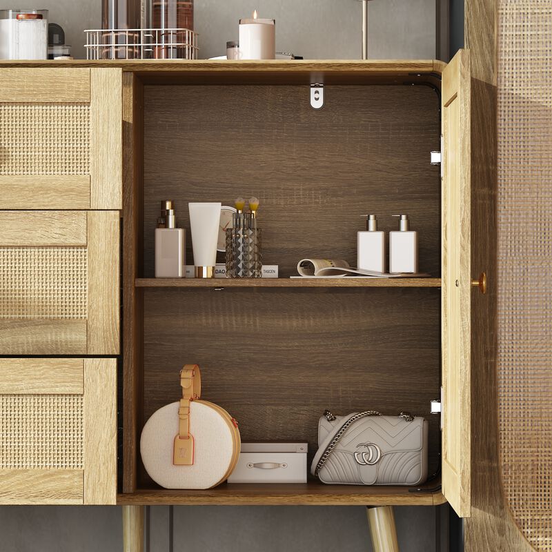 FUFU&GAGA Modern Rattan Dresser with Gold Handles & Legs, 3 Drawers & 2 Cabinets, Natural Wood Finish (55.1" W x 13.8" D x 32.1" H),White