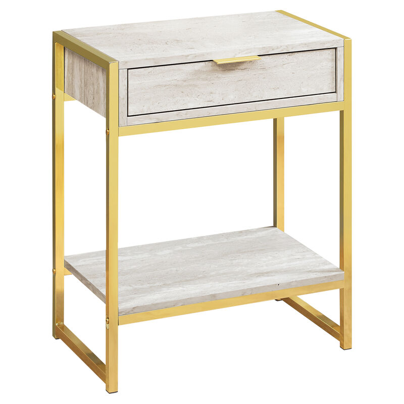 Monarch Specialties I 3483 Accent Table, Side, End, Nightstand, Lamp, Storage Drawer, Living Room, Bedroom, Metal, Laminate, Beige Marble Look, Gold, Contemporary, Modern