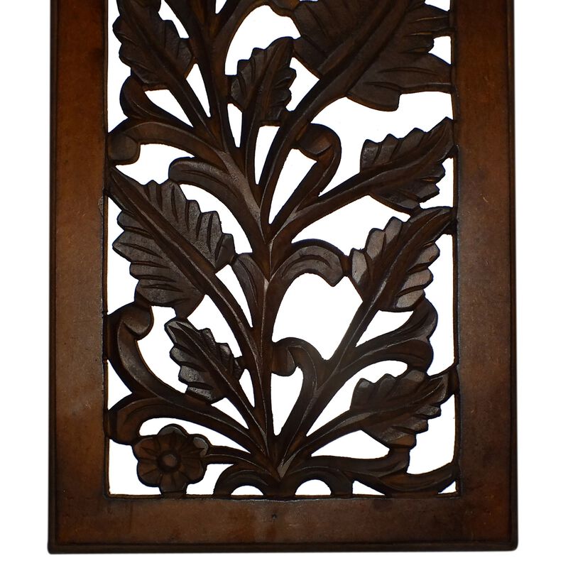 Mango Wood Wall Panel Hand Crafted with Leaves and Scroll Work Motif, Brown-Benzara