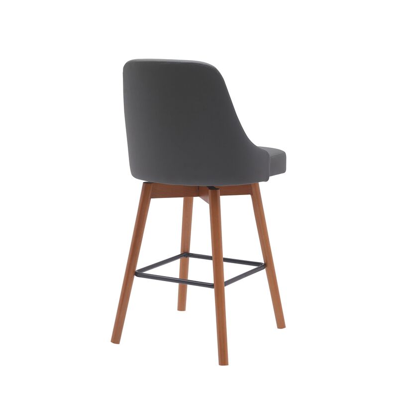 Sean 26 Inch Counter Stool Chair, Swivel, Parson, Gray Faux Leather, Brown - Benzara