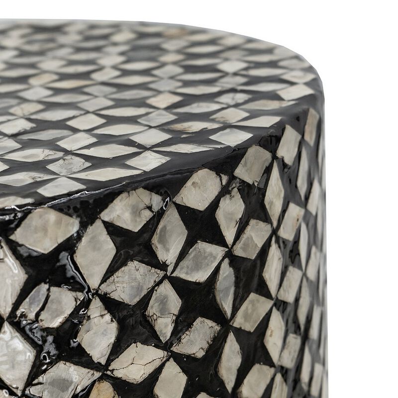 20 Inch Capiz Accent Stool Table, Cylindrical Geometric, Silver, Black - Benzara