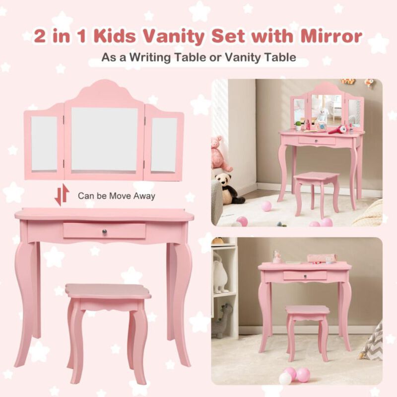 Hivvago Kids Makeup Dressing Mirror Vanity Table Stool Set-Pink