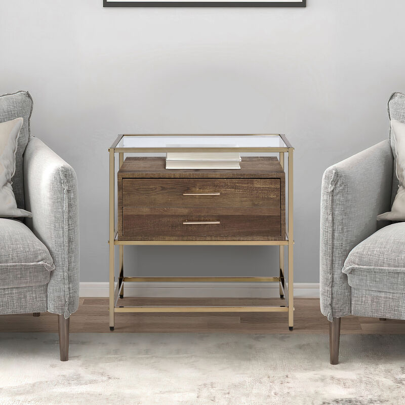 Accent Table with 2 Drawers and Metal Frame Glass Top, Brown and Gold - Benzara