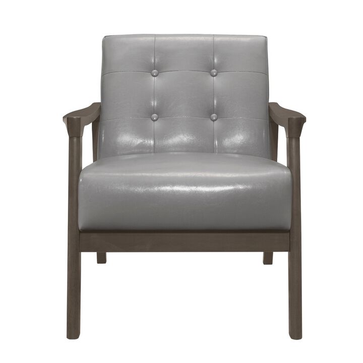 Aly 31 Inch Accent Chair Armchair, Gray Faux Leather, Brown Solid Wood - Benzara