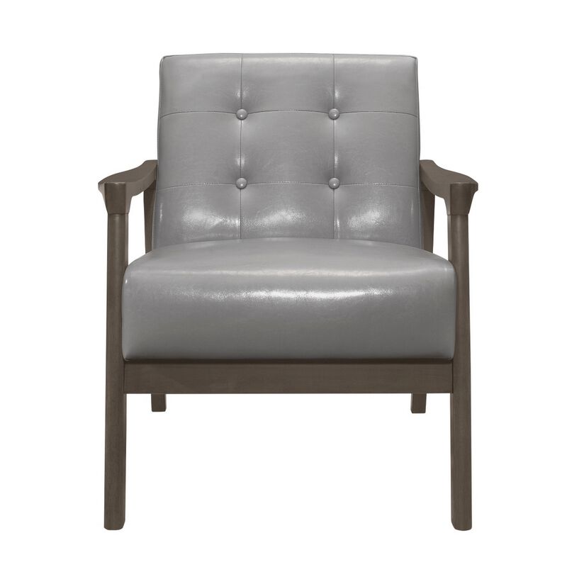 Aly 31 Inch Accent Chair Armchair, Gray Faux Leather, Brown Solid Wood - Benzara
