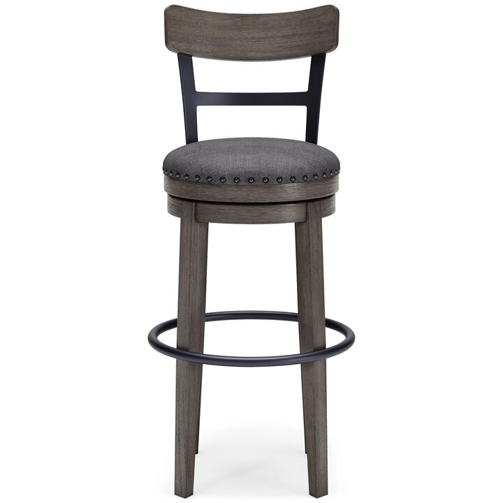 Swivel Barstool with Nailhead Trim and Curved Panel Back, Tall, Gray-Benzara