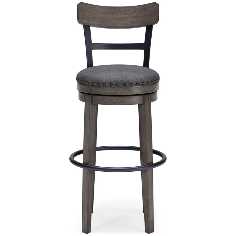 Swivel Barstool with Nailhead Trim and Curved Panel Back, Tall, Gray-Benzara