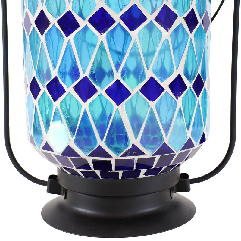 Sunnydaze Cool Blue Mosaic Glass Outdoor Solar LED Lantern - 8 in