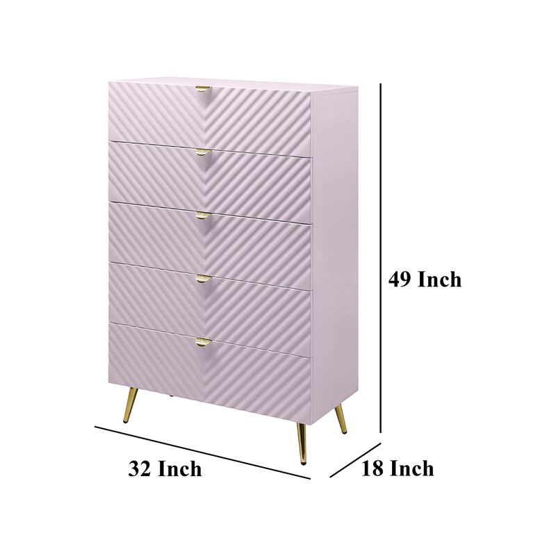 Tyra Tall Dresser Chest, 5 Drawers, Gold, Gloss Pink Chevron Pattern - Benzara