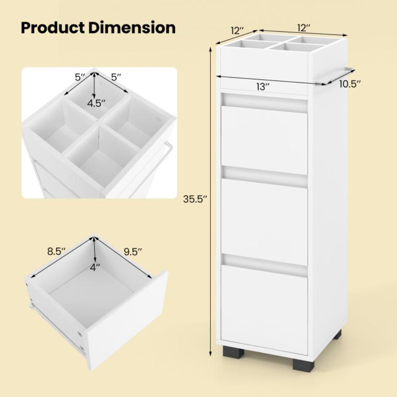 Hivvago Bathroom Floor Cabinet with 3 Drawers  4 Top Dividers and 1 Towel Rack-White