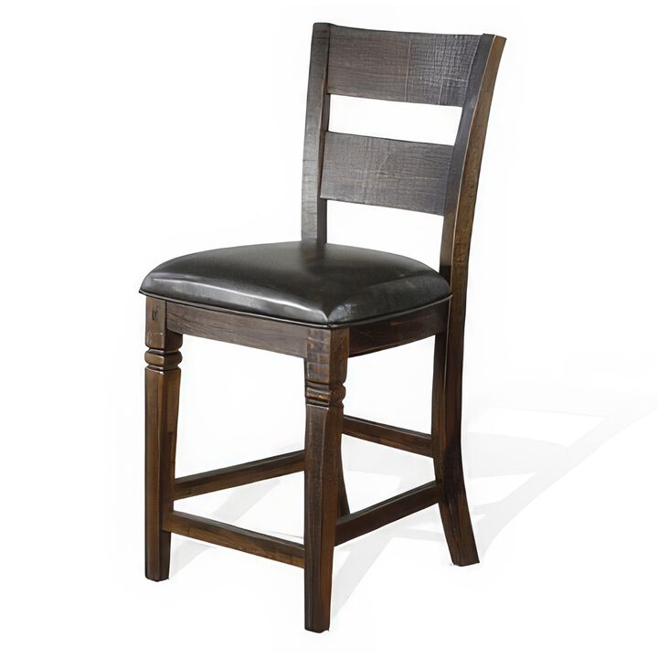 Flint Counter Stool Chair, Ladderback, Black, Dark Brown Mahogany Wood - Benzara