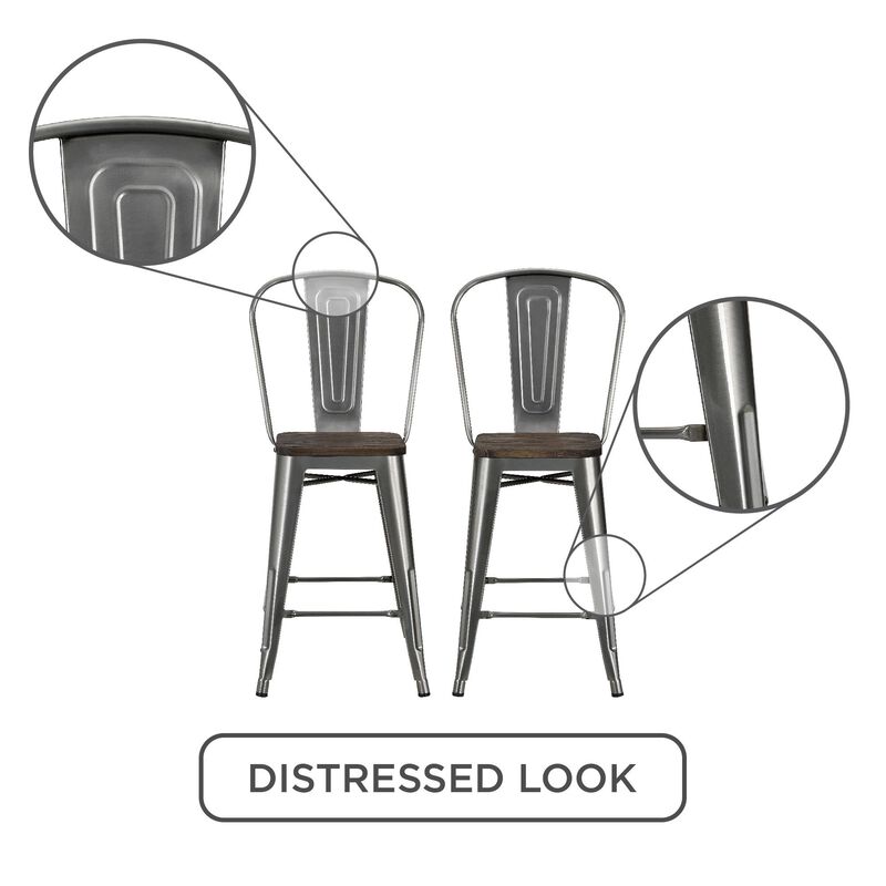Atwater Living 24" Lainey Metal Counter Stool with Wood Seat, Set of 2, Steel Gray