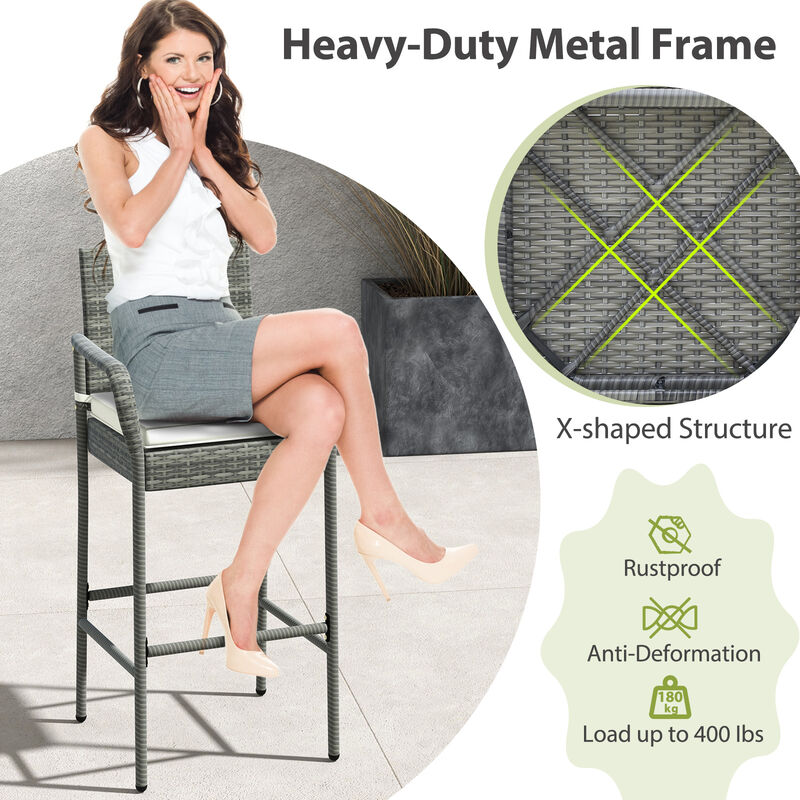 All Weather PE Rattan Bar Chairs Set of 4 with Armrests and Seat Cushions for Porch Backyard