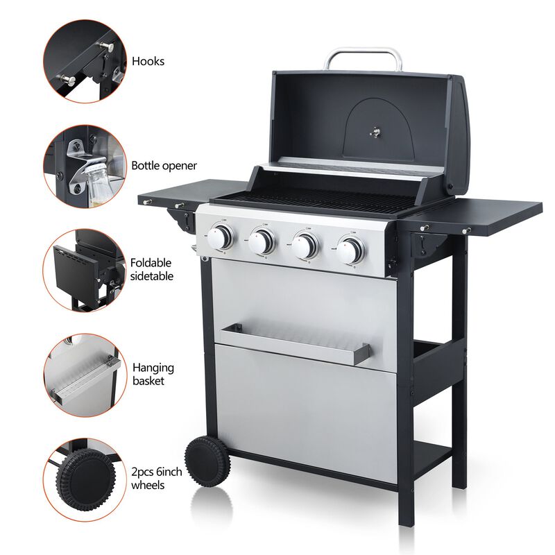 MONDAWE 4-Burner Propane Gas BBQ Grill, 34200BTU Output With Wire Enamel Cooking Grids For Outdoor Barbecue, Foldable Side Table, Hanging Basket, Stainless Steel
