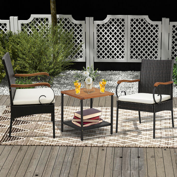 Set of 2 Outdoor PE Wicker Chair with Acacia Wood Armrests
