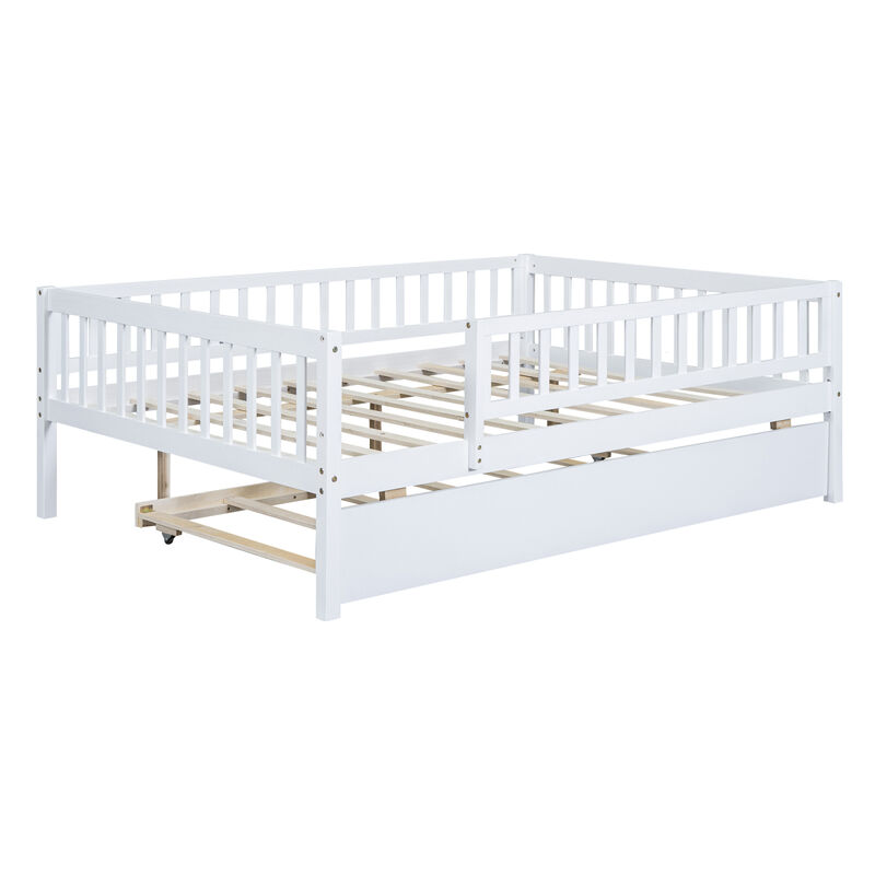 Full Size Wood Daybed With Trundle And Fence Guardrails
