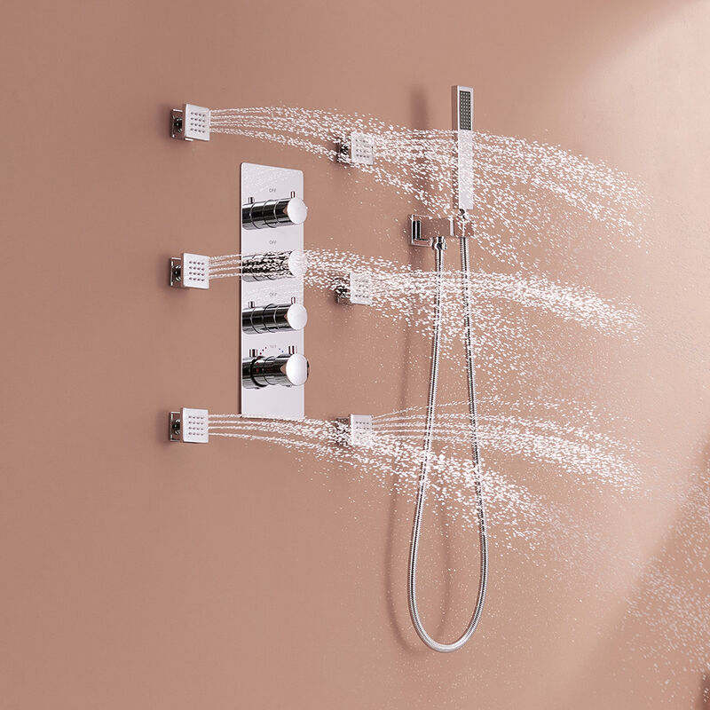 Mondawe 3 Functions Ceiling Mounted Thermostatic Shower System with 6 Body Jets and Rough-in Valve in Chrome